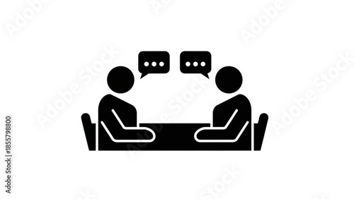 Two individuals engaged in a conversation at a table with speech bubbles indicating dialogue