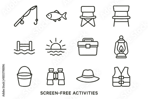 Free vector activity bucket rod box fish screen pier fishing icon rising