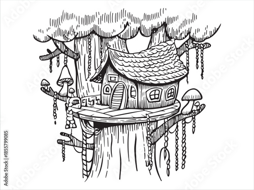 Whimsical Treehouse Illustration in Black and White