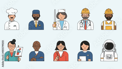 Diverse group of professional people icons in flat design style.
