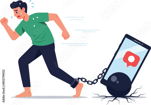 Man running while chained to a heavy smartphone ball and chain, illustrating social media addiction and burden.