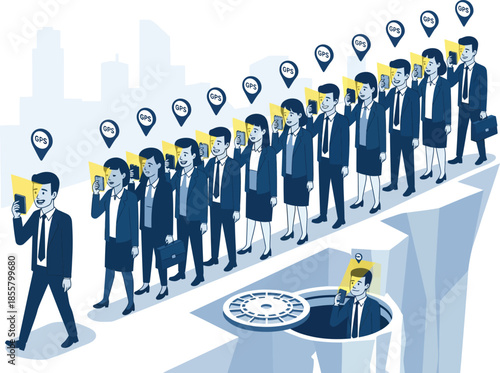 Crowd of business people blindly walking off a cliff into a hole while looking at their phones.