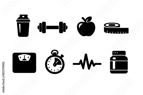 Black glyph symbols representing fitness, gym, and workout equipment like dumbbells, scales, and supplements