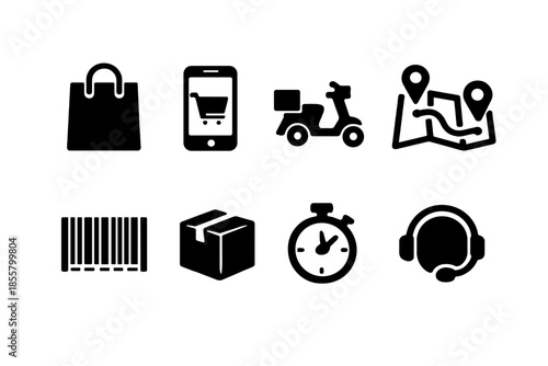 Solid black symbols for e-commerce, online shopping, delivery, and logistics services