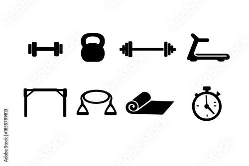 Gym and fitness equipment including weights, treadmill, kettlebell, and mat