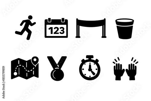 Running race and marathon event elements including runner, medal, and finish line