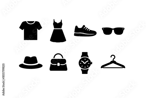 A comprehensive collection of essential fashion and clothing accessories depicted in black silhouette