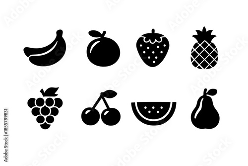 Eight black silhouette icons of popular fruits including banana, pineapple, and strawberry
