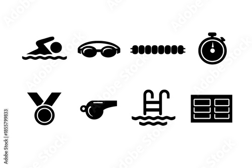 Swimming competition icons set featuring swimmer, goggles, stopwatch, medal, and pool equipment symbols