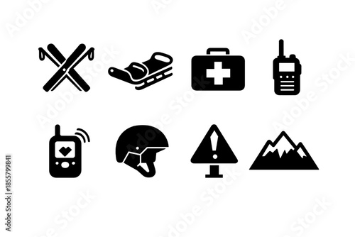 Essential icons for winter outdoor activities including skiing, sledding, first aid, and communication