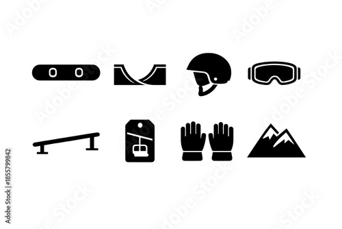 Black silhouette icons set featuring snowboarding and skiing equipment for winter sports activities