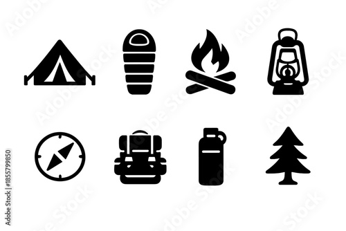 Essential outdoor adventure and camping gear symbols including tent, sleeping bag, campfire, and compass