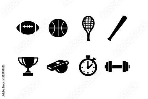 Set of essential sports and fitness equipment icons including balls, racket, bat, trophy, and stopwatch