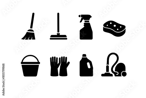 Black silhouette glyphs of domestic cleaning tools, including broom, mop, and vacuum cleaner