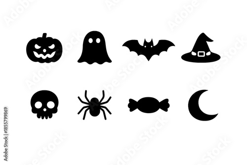 Spooky Halloween icons collection with pumpkin ghost bat skull and witch hat silhouettes