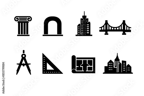 Architectural and engineering symbols of city structures and construction tools