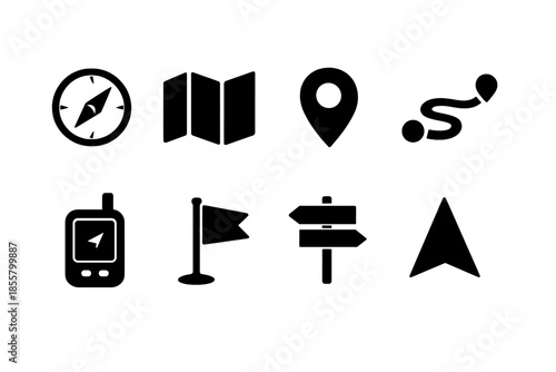 Essential navigation and location symbols including compass, map, route, and GPS icons