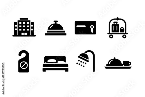 Essential hotel and hospitality services symbols for room, reception, luggage, and amenities