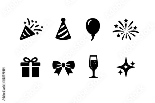 Festive celebration elements including party popper, hat, balloon, gift box, bow, champagne, and stars