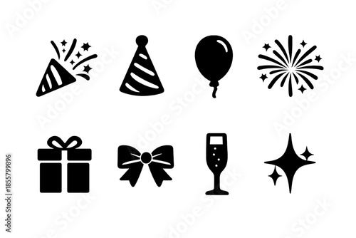 Black silhouette icons set for celebration, party, and holiday elements including fireworks, gifts, and champagne