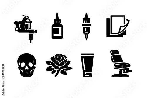 Collection of professional tattoo studio equipment, supplies, and artistic symbols in black and white