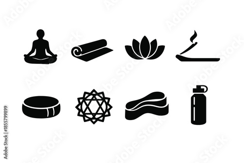 Yoga and meditation wellness symbols set including chakra, lotus, and mat