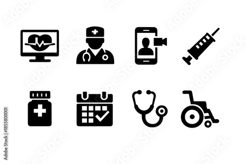 Essential healthcare and medical service symbols featuring doctor, syringe, and calendar appointment