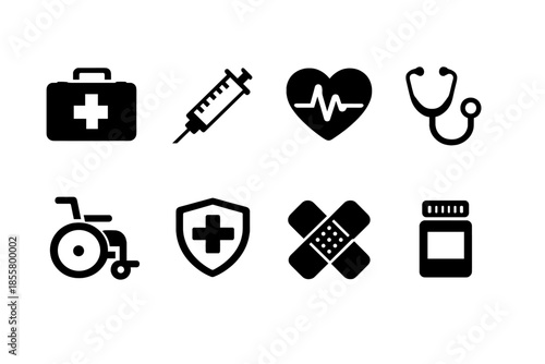 Set of essential medical and healthcare symbols: first aid kit, syringe, stethoscope, heart rate, and wheelchair
