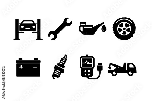 Automotive repair and maintenance service icons set with tools, parts, and diagnostic equipment