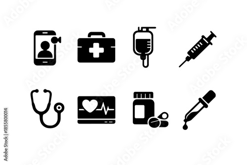 Essential medical and healthcare symbols featuring syringe, stethoscope, and first aid kit