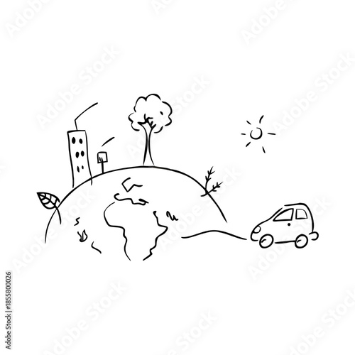 Elegant hand drawn line illustration presents eco future sketch. Minimalist outline drawing visualizes sustainable living, clean energy, responsible transport, truly eco future sketch.