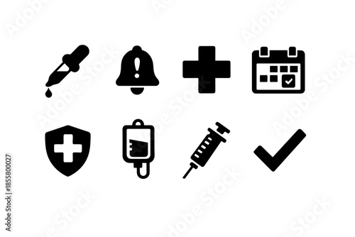 Essential medical and healthcare items including syringe, calendar, and first aid