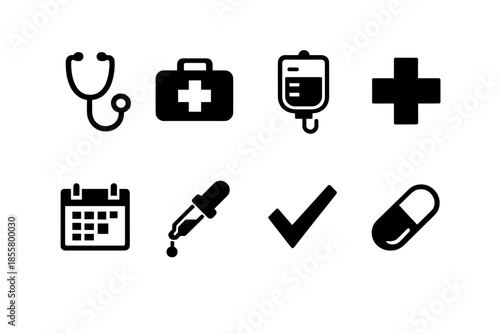 Essential medical and healthcare symbols featuring stethoscope, first aid kit, calendar, and capsule