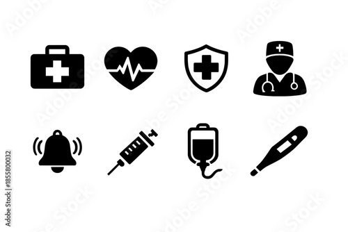 Set of essential medical and healthcare symbols including first aid, heartbeat, doctor, and syringe
