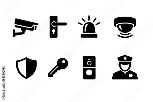 Black silhouette security and surveillance icons set including camera, shield, key, and guard