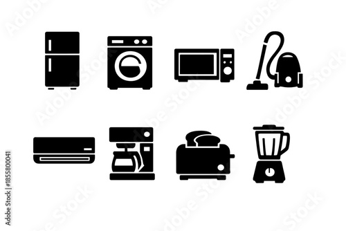 Modern black silhouette set of essential home and kitchen appliances