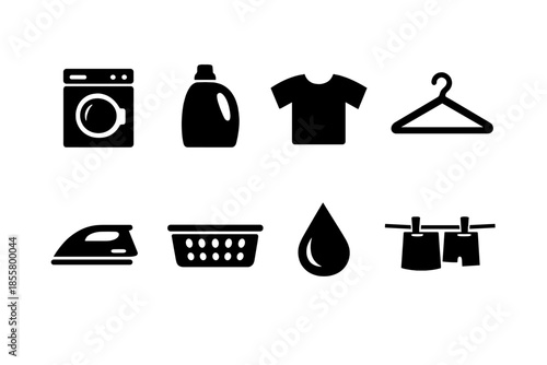 Essential black silhouette icons set representing various laundry and cleaning tasks