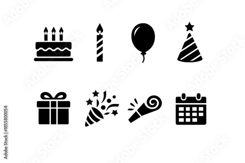 Black symbols representing birthday celebrations and festive party events