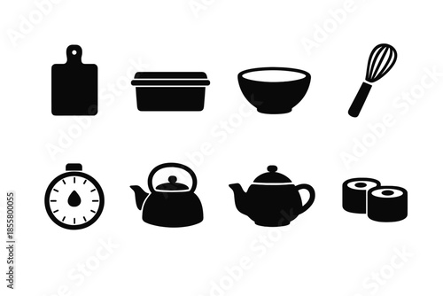 Minimalist black silhouette icons of various kitchen tools, cooking ware, and food items
