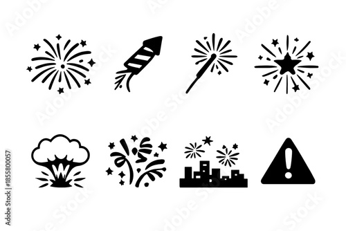 Black silhouette glyphs of fireworks, rockets, sparklers, confetti, and explosion hazards