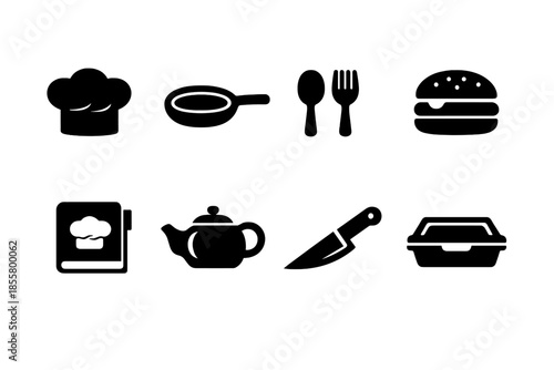 Cooking and kitchen symbols featuring chef hat, pan, cutlery, burger, and recipe book