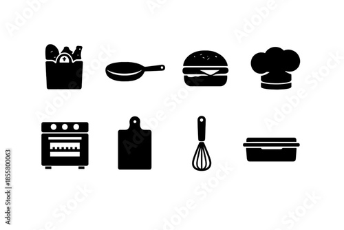 Basic food and cooking symbols featuring kitchenware, appliances, and ingredients