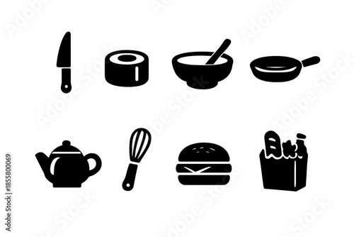 Minimalist black glyph icons of cooking equipment and popular food items