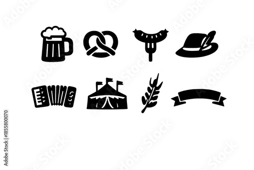 Traditional German festival symbols including beer mug, pretzel, sausage, hat, and accordion