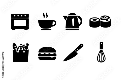 Collection of essential cooking utensils, kitchen equipment, and various food items