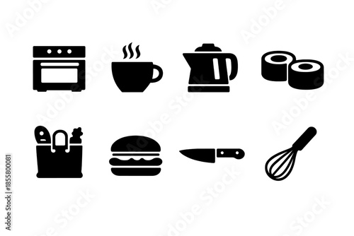 Minimalist solid glyphs of kitchen appliances, food preparation tools, and restaurant items