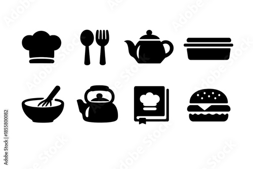 Black silhouette icons of kitchen tools, cooking equipment, and restaurant items