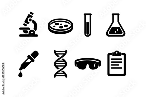 Simple black glyphs depicting essential laboratory equipment and science research tools