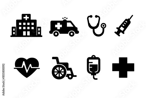 Essential healthcare and medical emergency symbols including hospital, ambulance, and first aid
