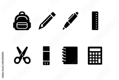 Collection of black essential education and stationery items for school and use